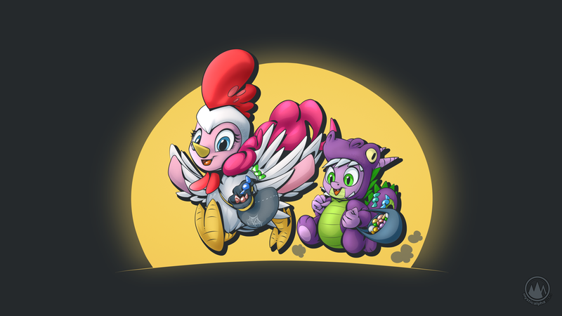 Size: 2560x1440 | Tagged: safe, artist:mysticalpha, derpibooru import, pinkie pie, spike, dragon, earth pony, pony, animal costume, bipedal, black background, candy, chicken pie, chicken suit, clothes, costume, dragon costume, duo, duo male and female, female, food, g4, image, male, nightmare night costume, png, running, sack, simple background