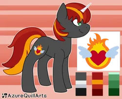 Size: 1280x1040 | Tagged: safe, artist:azure-quill, derpibooru import, oc, oc:mysti inferno, unofficial characters only, pony, unicorn, color palette, colored horn, cutie mark, femboy, gray coat, green eyes, horn, image, male, multicolored hair, png, red hair, reference sheet, smiling, solo, stallion, white horn