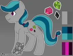 Size: 1280x989 | Tagged: safe, artist:azure-quill, derpibooru import, oc, oc:precious gemstones, unofficial characters only, crystal pony, earth pony, pony, blue hair, color palette, cutie mark, gray coat, hair tie, image, male, png, purple eyes, reference sheet, smiling, solo, stallion, two toned hair