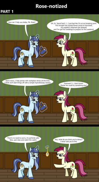 Size: 1920x3516 | Tagged: safe, artist:platinumdrop, derpibooru import, roseluck, oc, oc:spiral swirl, comic:rose-notized, 3 panel comic, comic, dialogue, image, magic, notebook, pen, png, pointing, speech bubble, telekinesis, watch