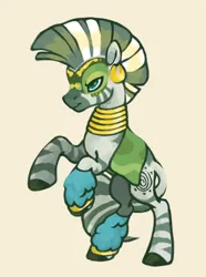 Size: 1857x2500 | Tagged: safe, artist:buttersflutterscotch, derpibooru import, zecora, pony, zebra, alternate timeline, chrysalis resistance timeline, female, image, lidded eyes, mare, png, rearing, resistance leader zecora, simple background, solo, yellow background