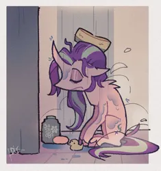 Size: 1111x1183 | Tagged: safe, artist:disaterror, derpibooru import, starlight glimmer, pony, unicorn, curved horn, female, horn, image, jpeg, mare, rubber duck, shower, showering, sitting, sleeping, soap, solo
