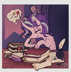 Size: 1200x1209 | Tagged: safe, artist:disaterror, derpibooru import, starlight glimmer, pony, unicorn, book, curved horn, female, gem, horn, image, inkwell, jpeg, kite, mare, quill, scroll, sitting, solo, thought bubble, tired, unshorn fetlocks