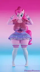 Size: 2160x3840 | Tagged: safe, artist:floppyhuman, derpibooru import, pinkie pie, anthro, earth pony, big breasts, breasts, busty pinkie pie, clothes, double peace sign, female, grin, huge breasts, image, peace sign, png, skirt, smiling, socks, solo