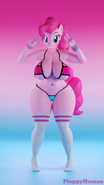 Size: 2160x3840 | Tagged: suggestive, alternate version, artist:floppyhuman, derpibooru import, pinkie pie, anthro, earth pony, big breasts, bikini, breasts, busty pinkie pie, clothes, double peace sign, female, grin, huge breasts, image, peace sign, png, pose, smiling, socks, solo, swimsuit