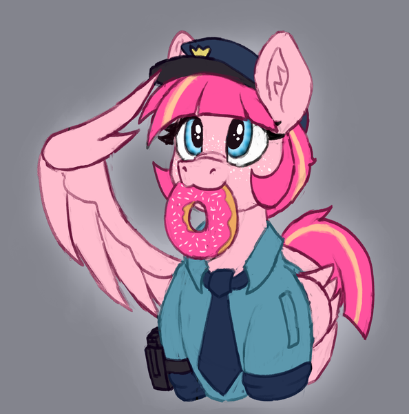 Size: 1777x1795 | Tagged: safe, artist:reddthebat, derpibooru import, oc, oc:sweet serving, unofficial characters only, pegasus, pony, donut, female, food, freckles, gray background, holster, image, mare, mouth hold, necktie, png, police officer, police pony, salute, simple background, smiling, solo