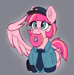 Size: 1777x1795 | Tagged: safe, artist:reddthebat, derpibooru import, oc, oc:sweet serving, unofficial characters only, pegasus, pony, donut, female, food, freckles, gray background, image, mare, mouth hold, png, police officer, police pony, salute, simple background, smiling, solo