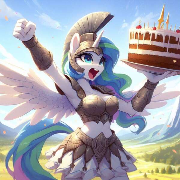 Size: 1024x1024 | Tagged: safe, derpibooru import, machine learning generated, princess celestia, alicorn, anthro, ai content, armor, armor skirt, blue eyes, cake, cakelestia, clothes, food, g4, generator:dall-e 3, helmet, image, jpeg, open mouth, plate, prompter:k.r.e.d.k.e, skirt, solo, spread wings, that princess sure does love cake, unconvincing armor, wings, wrong eye color, yelling