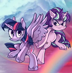 Size: 2070x2091 | Tagged: safe, artist:disaterror, derpibooru import, starlight glimmer, twilight sparkle, twilight sparkle (alicorn), alicorn, pony, unicorn, bipedal, duo, equal cutie mark, female, game cover parody, image, jpeg, looking at you, mare, parody, s5 starlight, smiling, smiling at you, sonic adventure 2, spread wings, unshorn fetlocks, wings