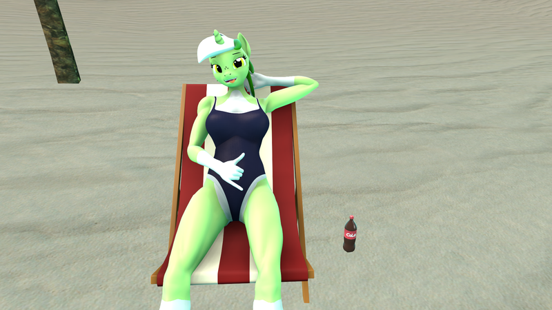 Size: 1920x1080 | Tagged: safe, artist:zakarnokart, derpibooru import, oc, oc:baetica castantets, unofficial characters only, anthro, pony, unicorn, 3d, 3d model, andalusia, beach, black swimsuit, clothes, coat markings, female, image, mare, one-piece swimsuit, png, raised hoof, simple background, socks (coat marking), solo, spain, swimsuit
