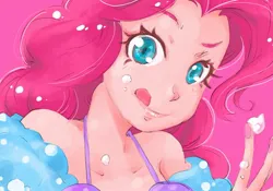 Size: 2048x1431 | Tagged: safe, artist:bonoramo, derpibooru import, pinkie pie, human, equestria girls, close-up, clothes, coat, cute, diapinkes, female, image, jpeg, licking, licking lips, looking at you, off shoulder, pink background, simple background, smiling, smiling at you, snow, snowfall, solo, tongue out
