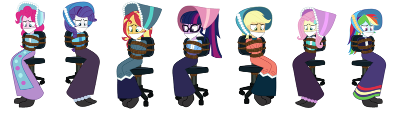 Size: 7992x2384 | Tagged: safe, artist:brightstar40k, derpibooru import, applejack, fluttershy, pinkie pie, rainbow dash, rarity, sci-twi, sunset shimmer, twilight sparkle, human, equestria girls, bondage, bound and gagged, clothes, dress, gag, image, long dress, long skirt, png, simple background, skirt, tied to chair, tied up, victorian, victorian dress, white background