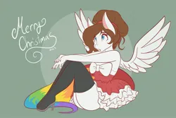 Size: 2048x1366 | Tagged: safe, artist:mscolorsplash, derpibooru import, oc, oc:color splash, unofficial characters only, anthro, pegasus, plantigrade anthro, pony, alternate hairstyle, bow, christmas, clothes, dress, female, high heels, holiday, image, jpeg, mare, merry christmas, shoes, short dress, socks, solo, spread wings, stockings, thigh highs, wings
