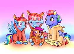Size: 1024x742 | Tagged: safe, artist:loveless-nights, derpibooru import, bow hothoof, rainbow dash, scootaloo, windy whistles, kangaroo, pegasus, pony, ^^, adopted, adopted offspring, blushing, clothes, cosplay, costume, cute, cutealoo, embarrassed, eyes closed, family, father and child, father and daughter, female, filly, floppy ears, foal, image, jpeg, male, mare, mother and child, mother and daughter, parent:bow hothoof, parent:windy whistles, pouch, scootadoption, scootalove, siblings, sisters, sitting, smiling, stallion