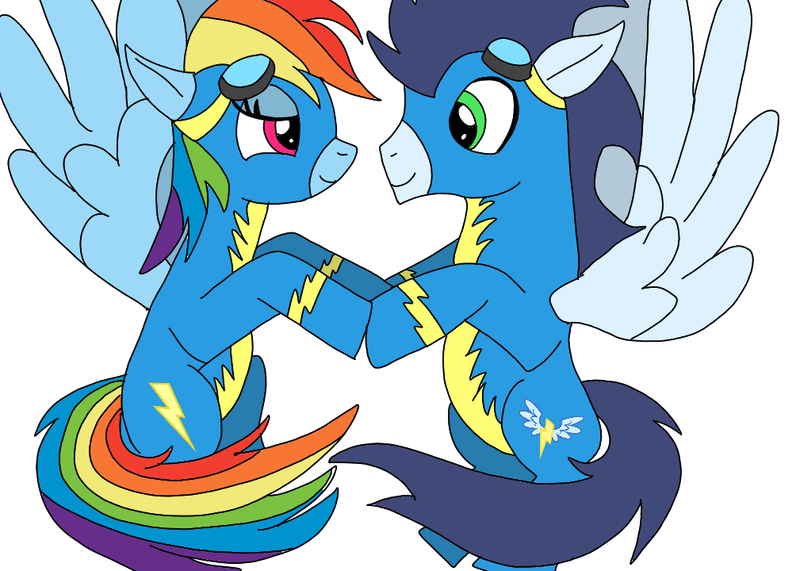 Size: 1009x720 | Tagged: safe, artist:dasher666, artist:purpleslyfox, derpibooru import, edit, rainbow dash, soarin', pegasus, pony, clothes, female, image, male, mare, png, shipping, soarindash, stallion, straight, uniform, wonderbolts, wonderbolts uniform