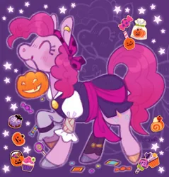 Size: 1481x1552 | Tagged: safe, artist:beyhr, derpibooru import, pinkie pie, earth pony, pony, candy, clothes, costume, female, food, halloween, halloween costume, holiday, image, jpeg, mare, nightmare night costume, open mouth, pirate costume, pumpkin bucket, purple background, simple background, solo