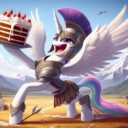 Size: 1024x1024 | Tagged: safe, derpibooru import, machine learning generated, princess celestia, alicorn, pony, ai content, armor, cake, cakelestia, crazy face, drunk, drunklestia, faic, female, food, generator:dall-e 3, helmet, image, jpeg, mare, open mouth, plate, prompter:k.r.e.d.k.e, solo, spread wings, that princess sure does love cake, wings, wrong eye color