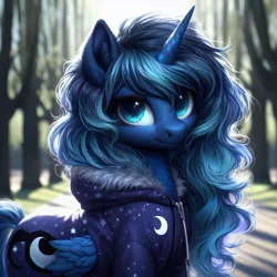 Size: 1024x1024 | Tagged: safe, machine learning generated, ponerpics import, ponybooru import, princess luna, alicorn, pony, ai content, bing, clothes, cutie mark, cutie mark on clothes, female, hoodie, image, jpeg, looking at you, mare, small wings, smiling, smiling at you, wings