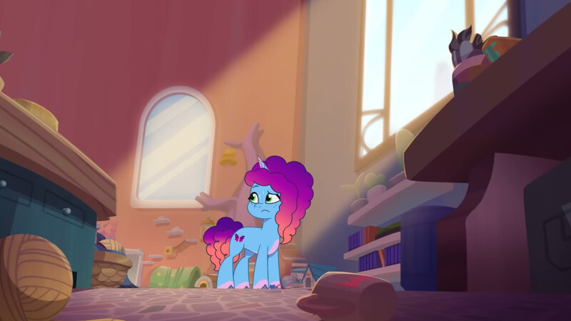 Size: 3072x1727 | Tagged: safe, derpibooru import, screencap, pony, unicorn, g5, my little pony: tell your tale, spoiler:g5, spoiler:my little pony: tell your tale, spoiler:tyts01e65, crystal brighthouse, eyebrows, female, frown, image, jpeg, mare, misty brightdawn, misty moves in, raised eyebrow, rebirth misty, solo, sweat, sweatdrop