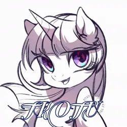 Size: 1080x1080 | Tagged: safe, artist:tkotu1, derpibooru import, twilight sparkle, twilight sparkle (alicorn), alicorn, pony, bust, eye clipping through hair, female, image, jpeg, looking at you, mare, open mouth, open smile, partial color, signature, simple background, smiling, smiling at you, solo, white background