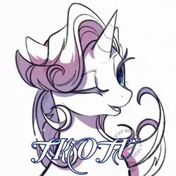 Size: 1080x1080 | Tagged: safe, artist:tkotu1, derpibooru import, rarity, pony, unicorn, bust, female, image, jpeg, looking at you, mare, one eye closed, open mouth, open smile, partial color, signature, simple background, smiling, solo, white background, wink, winking at you