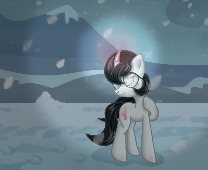 Size: 715x584 | Tagged: safe, artist:taoyvfei, derpibooru import, oc, oc:taoyvfei, pony, unicorn, curved horn, horn, image, light, magic, png, snow, snowfield, teary eyes, unicorn oc