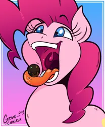 Size: 1250x1500 | Tagged: safe, artist:gizmochinasa, derpibooru import, pinkie pie, earth pony, pony, candy, esophagus, female, food, gradient background, image, mawshot, open mouth, png, signature, solo, tongue out, uvula