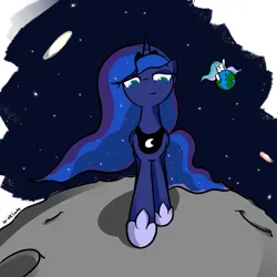 Size: 3000x3000 | Tagged: safe, artist:widelake, derpibooru import, princess celestia, princess luna, alicorn, earth, galaxy, image, looking at you, moon, png, simple background, space, stars