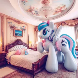Size: 1024x1024 | Tagged: safe, artist:zeninflatable, derpibooru import, machine learning generated, oc, unofficial characters only, inflatable pony, pegasus, pony, ai content, balloon, beautiful, bed, bow, chandelier, clothes, curtains, drawer, female, happy, image, inflatable, jpeg, mare, open mouth, photo, plushie, raised hoof, skirt, solo, spread wings, wings