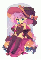 Size: 2826x4096 | Tagged: safe, artist:saxopi, derpibooru import, fluttershy, anthro, bat, pegasus, pony, unguligrade anthro, arm hooves, candy, clothes, costume, cute, eating, female, food, giant hat, halloween, halloween costume, hat, holiday, hoof hold, image, jack-o-lantern, jacket, jpeg, leotard, lollipop, mare, pumpkin, shyabetes, simple background, sitting, white background, witch costume