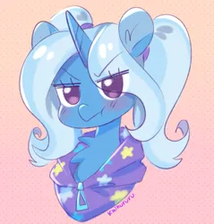 Size: 1789x1873 | Tagged: safe, artist:kaikururu, derpibooru import, trixie, pony, unicorn, abstract background, alternate hairstyle, babysitter trixie, blushing, bust, clothes, cute, diatrixes, eyebrows, female, g4, gradient background, hoodie, horn, image, looking at you, mare, png, portrait, signature, solo