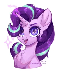 Size: 2400x2800 | Tagged: safe, artist:avroras_world, artist:avrorasworld, derpibooru import, starlight glimmer, pony, unicorn, bust, chest fluff, colored eyebrows, cute, eyebrows, female, g4, glimmerbetes, glow, glowing horn, high res, horn, image, looking at you, magic, magic aura, mare, open mouth, open smile, png, signature, simple background, smiling, smiling at you, solo, sparkles, white background