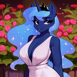 Size: 3072x3072 | Tagged: suggestive, derpibooru import, machine learning generated, princess luna, anthro, ai content, big breasts, breasts, bush, cleavage, ethereal mane, flower, g4, garden, generator:pony diffusion v5, image, jpeg, night, sexy, sexy dress, smiling, starry mane