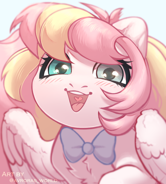 Size: 2700x3000 | Tagged: safe, artist:avroras_world, artist:avrorasworld, derpibooru import, oc, oc:ninny, unofficial characters only, pegasus, pony, blushing, bowtie, chest fluff, cute, female, high res, image, looking at you, mare, ocbetes, open mouth, open smile, pegasus oc, png, signature, smiling, smiling at you, solo, wings