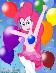 Size: 1588x2072 | Tagged: suggestive, artist:cyber-murph, derpibooru import, pinkie pie, equestria girls, equestria girls series, armpits, balloon, belly, belly button, breasts, busty pinkie pie, clothes, confetti, dress, exposed breasts, flashing, flashing boobs, frilly dress, g4, image, partial nudity, party, png, shirt, shirt lift, signature, skirt, strategically covered, tanktop, topless