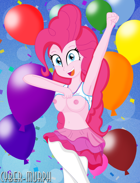 Size: 1588x2072 | Tagged: questionable, artist:cyber-murph, derpibooru import, pinkie pie, equestria girls, equestria girls series, armpits, balloon, belly, belly button, breasts, busty pinkie pie, clothes, confetti, dress, exposed breasts, flashing, flashing boobs, frilly dress, g4, image, partial nudity, party, png, shirt, shirt lift, signature, skirt, strategically covered, tanktop, topless