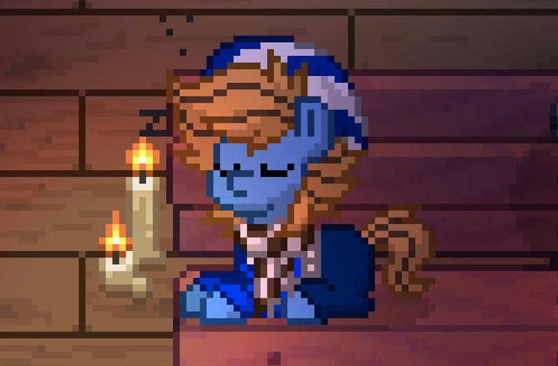 Size: 829x544 | Tagged: safe, derpibooru import, oc, oc:blue cookie, unofficial characters only, earth pony, pony, pony town, bench, candle, clothes, earth pony oc, eyes closed, image, jpeg, onomatopoeia, photo, pixel art, scarf, sleeping, solo, sound effects, winter outfit, zzz