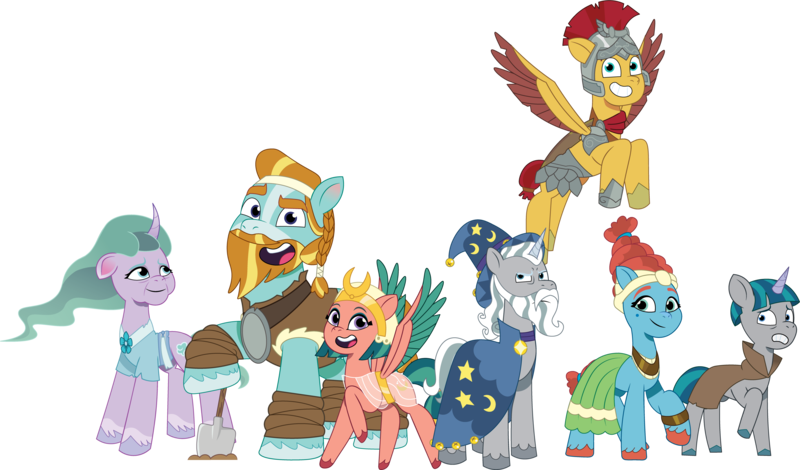 Size: 4513x2651 | Tagged: safe, artist:prixy05, derpibooru import, flash magnus, meadowbrook, mistmane, rockhoof, somnambula, star swirl the bearded, stygian, earth pony, pegasus, pony, unicorn, g5, my little pony: tell your tale, female, g4, g4 to g5, generation leap, group, image, male, mare, pillars of equestria, png, simple background, stallion, transparent background, vector