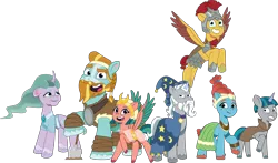 Size: 4513x2651 | Tagged: safe, artist:prixy05, derpibooru import, flash magnus, meadowbrook, mistmane, rockhoof, somnambula, star swirl the bearded, stygian, earth pony, pegasus, pony, unicorn, g5, my little pony: tell your tale, female, g4, g4 to g5, generation leap, group, image, male, mare, pillars of equestria, png, simple background, stallion, transparent background, vector