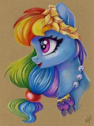 Size: 900x1200 | Tagged: safe, artist:maytee, derpibooru import, rainbow dash, pegasus, pony, alternate hairstyle, bust, clothes, colored pencil drawing, dress, gala dress, image, jewelry, necklace, png, portrait, profile, smiling, solo, traditional art