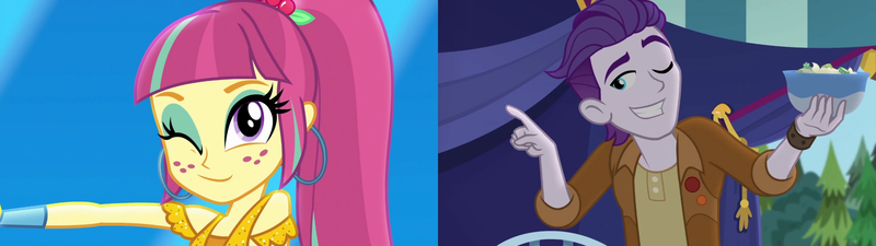 Size: 3840x1080 | Tagged: safe, derpibooru import, edit, edited screencap, screencap, dirk thistleweed, sour sweet, human, accountibilibuddies, dance magic, equestria girls, equestria girls series, spoiler:eqg series (season 2), spoiler:eqg specials, accountibilibuddies: rainbow dash, disco dress, ear piercing, earring, female, g4, image, jewelry, male, one eye closed, piercing, png, shipping, shoulderless, smiling, sourweed, straight, wink
