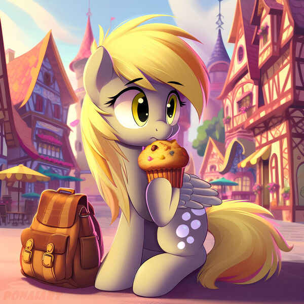 Size: 1280x1280 | Tagged: safe, derpibooru import, machine learning generated, derpy hooves, pegasus, pony, ai content, female, food, generator:bing image creator, hoof hold, image, jpeg, mare, muffin, ponyville, prompter:ponaiart, sitting, solo, suitcase, underp, unsure