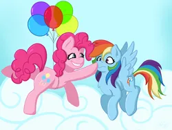 Size: 3072x2304 | Tagged: safe, artist:duckyia, derpibooru import, pinkie pie, rainbow dash, earth pony, pegasus, pony, background, balloon, blue background, boop, chest fluff, cloud, ear fluff, female, floating, flying, happy, image, pinkiedash, png, raised hoof, shipping, shocked, shocked expression, simple background, sky, smiling, then watch her balloons lift her up to the sky