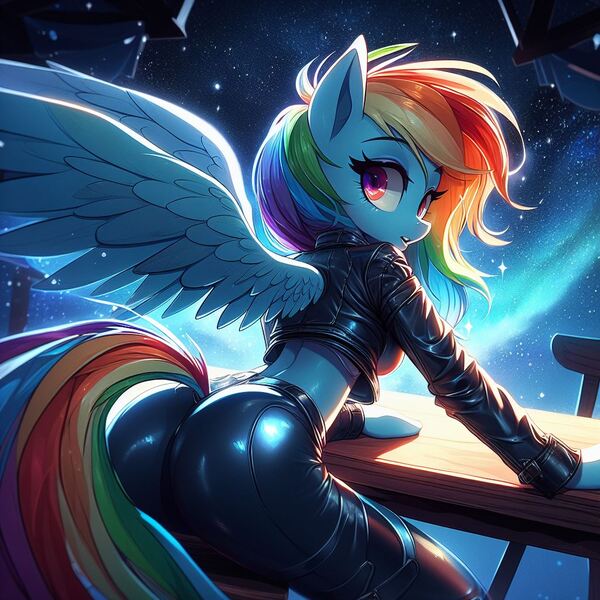 Size: 1024x1024 | Tagged: safe, derpibooru import, machine learning generated, rainbow dash, anthro, ai content, ass, butt, chair, clothes, generator:dall-e 3, image, jacket, jpeg, leather, leather jacket, leather pants, looking at you, midriff, night, pants, shiny, sky, solo, space, stars, surprised, table