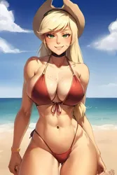 Size: 1024x1536 | Tagged: suggestive, derpibooru import, editor:sammykun, machine learning generated, applejack, human, abs, ai content, applejacked, beach, belly button, big breasts, bikini, bracelet, breasts, busty applejack, clothes, cowboy hat, female, fetish, g4, hat, humanized, image, jewelry, looking at you, midriff, muscle fetish, muscles, muscular female, ocean, png, prompter:sammykun, seductive, seductive look, sexy, sky, solo, stupid sexy applejack, swimsuit, toned, toned female, water, wide hips