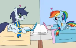 Size: 1129x720 | Tagged: safe, artist:dasher666, artist:rarityforever, derpibooru import, edit, rainbow dash, soarin', pegasus, pony, bed, clothes, computer, earbuds, female, image, laptop computer, male, mare, png, scarf, shipping, soarindash, stallion, straight, striped scarf, teenager