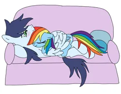 Size: 924x720 | Tagged: safe, artist:dasher666, artist:rarityforever, derpibooru import, edit, rainbow dash, soarin', pegasus, pony, couch, cuddling, female, hug, image, male, mare, png, shipping, simple background, soarindash, stallion, straight, white background, winghug, wings