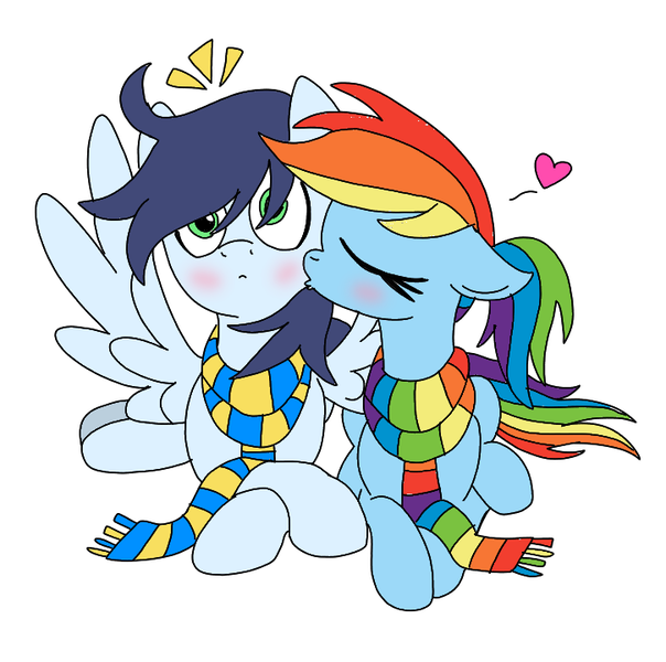 Size: 725x720 | Tagged: safe, artist:dasher666, artist:rarityforever, derpibooru import, edit, rainbow dash, soarin', pegasus, pony, clothes, female, image, kiss on the cheek, kissing, male, mare, png, scarf, shipping, simple background, soarindash, stallion, straight, striped scarf, teenager, white background