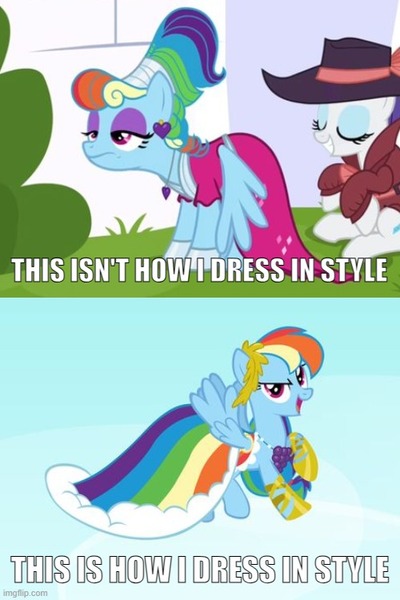 Size: 500x750 | Tagged: safe, derpibooru import, edit, edited screencap, screencap, rainbow dash, rarity, sparkle's seven, suited for success, alternate hairstyle, caption, clothes, dress, gala dress, image, image macro, imgflip, impact font, jpeg, megaradash, meme, rainbow dash always dresses in style, text