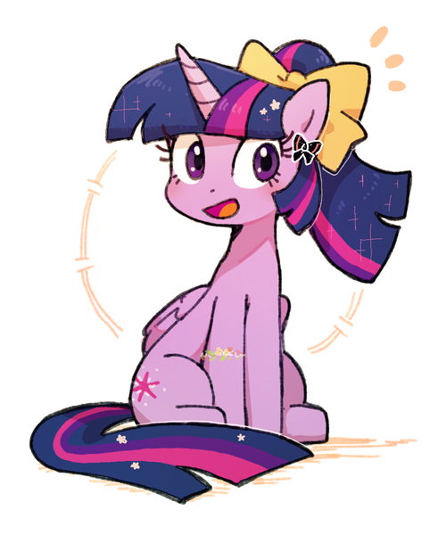 Size: 1000x1200 | Tagged: safe, artist:fuyugi, derpibooru import, twilight sparkle, twilight sparkle (alicorn), alicorn, pony, blushing, bow, cute, female, folded wings, g4, hair bow, horn, image, looking at you, mare, open mouth, png, simple background, sitting, solo, twiabetes, white background, wings